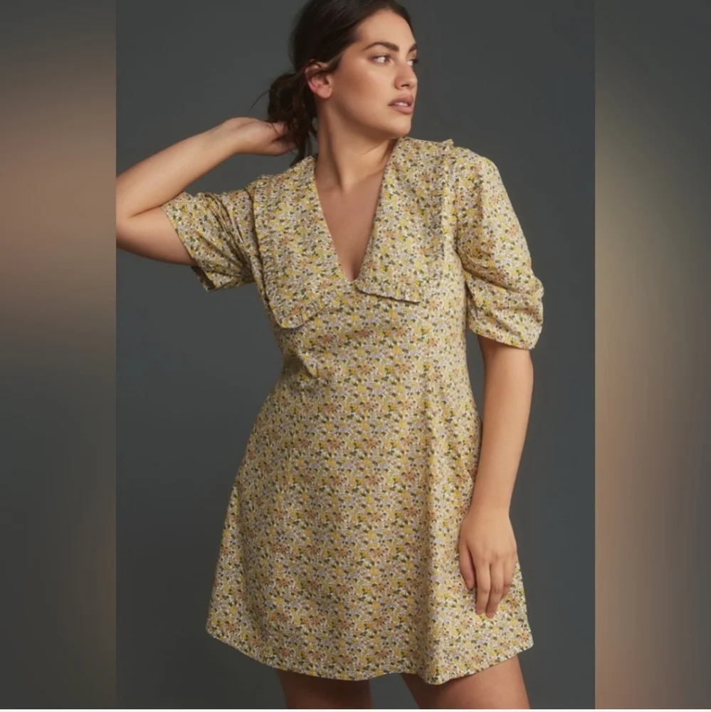 Anthropologie Yellow Lightweight Floral Cotton Collared Puff Sleeve Mini Dress - Picture 3 of 16